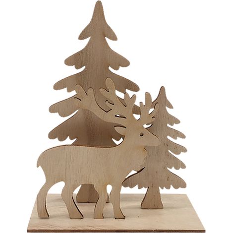 Village De Noël En Bois - Décoration De Table Pour Fêtes - Scène Rustique Avec Arbres Et Renne - Ornement Festif En Bois Naturel - 1 Pièce (1/5)
