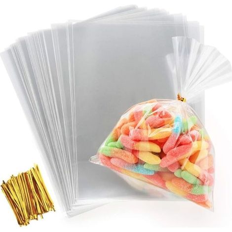 Sac Plastique Transparent 200pcs Sac OPP 15x20cmSachet Bonbon en Cellophane Sachet Transparent Cadeau avec Liens Torsadés 10cm pour Biscuit Bonbons Perles Bijoux Chocolats Cadeau-TREETALK (1/4)