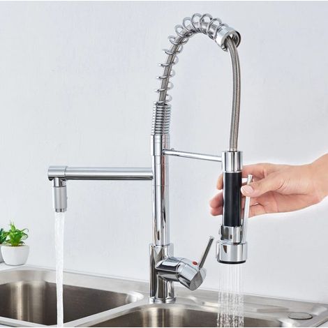 Grifo mezclador de cocina con rociador extraíble, moderno grifo de latón con caño alto giratorio de 360°, grifo extraíble para fregadero de 2 chorros.
