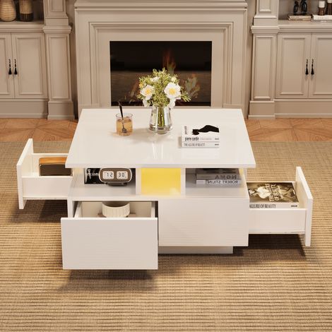 DESMIU Table Basse LED avec 4 tiroirs et 3 niveaux de rangement, pour salon, en panneau de particules, blanc, 70 × 70 × 40 cm (1/4)