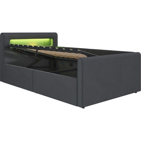 Letto imbottito 90 x 200 cm con LED, USB, contenitore idraulico, velluto grigio scuro, HOMVRA (1/5)