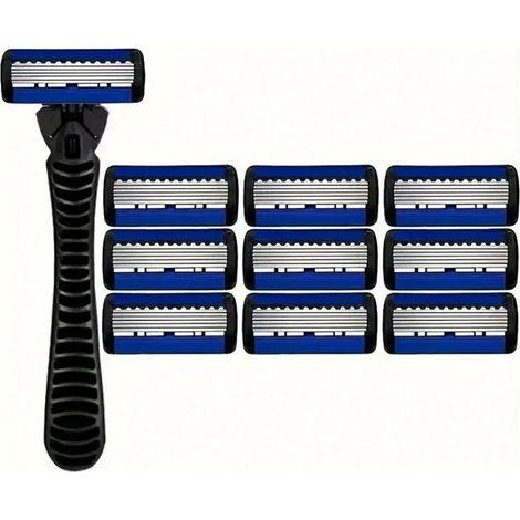 rasoir electriques hommes-Rasoir manuel à 6 lames – Convient à tous les types de barbes (manche gris à interrupteur + 9 lames 6 couches noir/bleu + étui de rangement) (1/4)