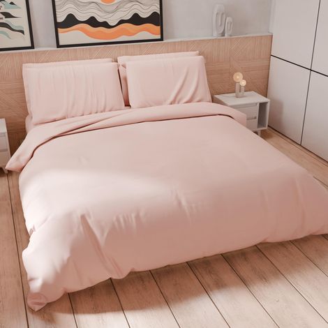 Parure de lit 1 Place et demie 200 x 200 cm (2 taies d'oreiller 75 x 50 cm incluses), Housse de Couette Douce Microfibre Couleur Unie Poudre Claire (1/5)