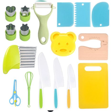 Set di coltelli da cucina di sicurezza per bambini - 17 pezzi Coltelli per bambini per tagliare e cucinare frutta o verdura Coltelli antitaglio, adatti a bambini dai 2 anni in su (1/5)