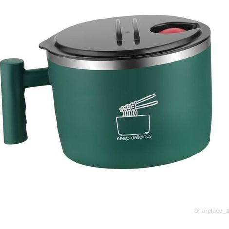 1 bol à ramen vert, acier inoxydable double paroi, 850 ml, anti-brûlure, avec bec verseur et support téléphone, usage maison/bureau/pique-nique (1/4)