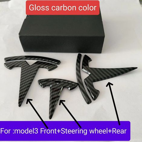 (Carbone brillant - Lot de 3, Mode Y) - Autocollant d'emblème de capot avant compatible avec Tesla, pour carrosserie, arrière et coffre. Accessoires inclus. (1/5)
