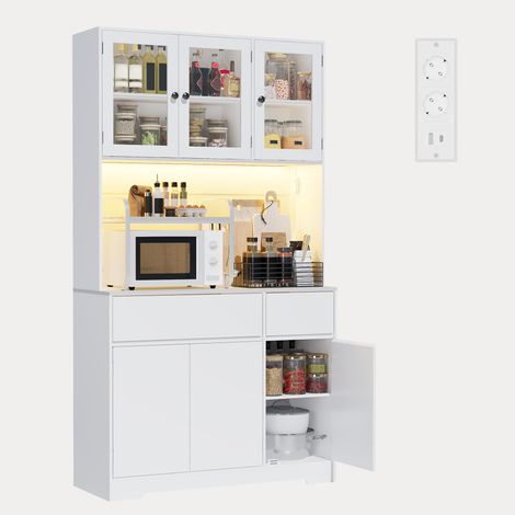 Buffet Haut 180 cm Bealife Meuble de Rangement de Cuisine avec Plan de Travail Éclairage LED à Couleurs Changeantes Étagère Réglables Prises Électriques 6 Portes 2 Tiroir 100 x 38,5 x 180 cm Blanc