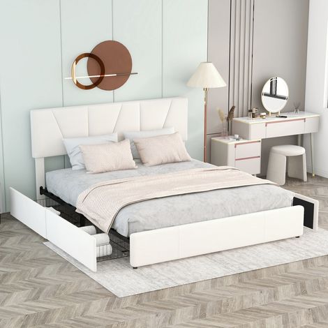 Letto 160x200 cm, tessuto velluto, letto matrimoniale con 4 cassetti contenitori, testiera regolabile in altezza, rete a doghe, giroletto, letto per adulti in stile scandinavo, Beige (1/5)