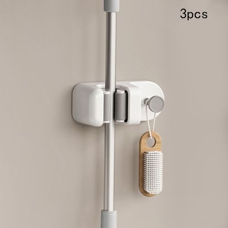 Wall-mounted mop holder without drilling, broom holder with hook, storage for bathroom and toilet, set of 3 pieces (1 clip + 1 hook per unit) (1/2)