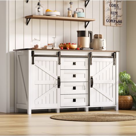 Credenza 137x40x81.5 cm bianca in MDF con porte scorrevoli e 4 cassetti (1/5)