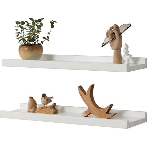 Lot de 2 étagères murales en chêne massif, 50 cm, pour chambre à coucher, cuisine, bureau, chambre d'enfant, blanches (1/5)
