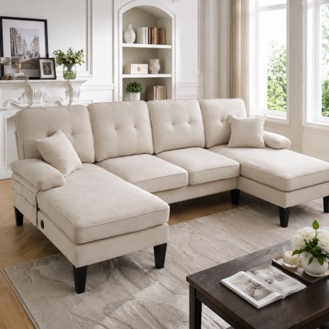 Großes U-förmiges 4-Sitzer Sofa aus weichem Leinenstoff, moderne Rückenlehne,mit zwei Chaise-Lounges,stabile Füße und kuschelige Sitzkissen mit Dekokissen – elegant für jedes Wohnzimmer.Beige