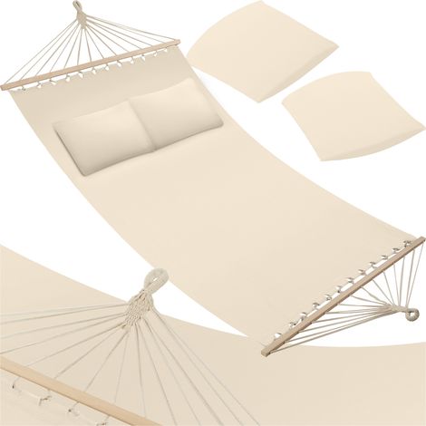 Tectake – Hamac double Eden – 230 x 145 cm en coton et polyester – 2 oreillers inclus – Poids max 240 kg – Barres en bois de bouleau