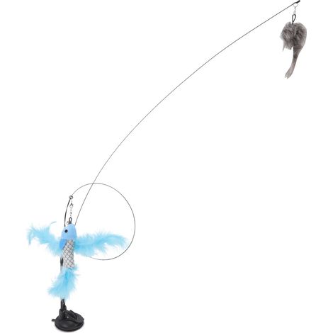 Baguette à ventouses en forme de plume pour chat, double extrémité amovible, fil d'acier, jouet interactif pour chat d'intérieur, poisson volant bleu et souris grise. (1/5)