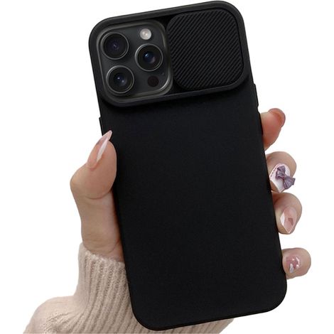 Custodia scorrevole per iPhone 15 Pro Max con copriobiettivo per fotocamera, colore nero opaco, Alogy Soft Matt + vetro. (1/5)