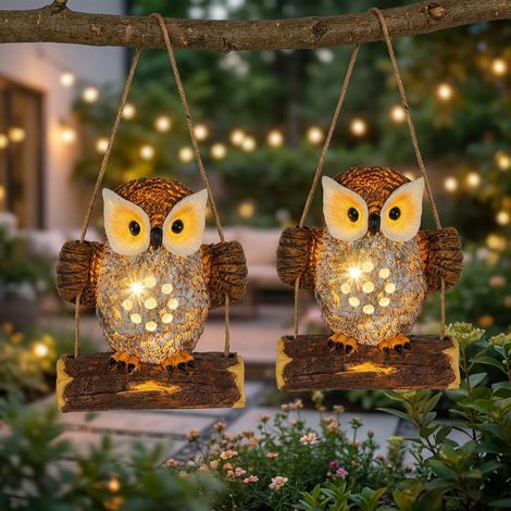 Solarleuchte Eule Hängeleuchte Gartenfigur Dekoleuchte Terrassenlampe Baumstamm Akku, Kunststoff braun, 1x LED, LxBxH 14x8x17 cm, 2er Set