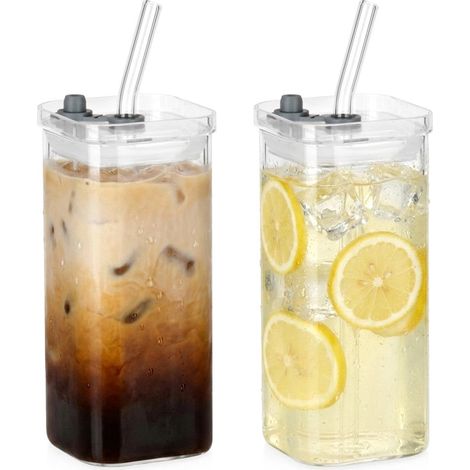 Glass Mugs with Lid and Straw, 340ml, Set of 2 (1/5)