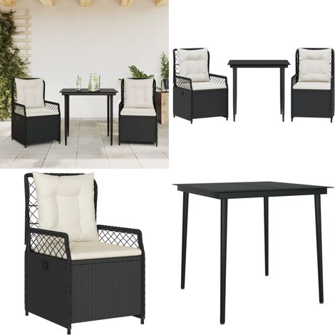 3-tlg. Garten-Essgruppe mit Kissen Schwarz Poly Rattan - Gartenstuhl - Gartentisch (1/5)