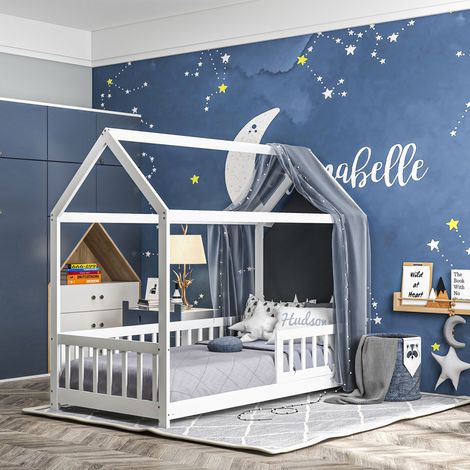 Struttura Letto per Bambini a Forma di Casetta con Doghe e Recinzione, in Legno di Pino, 96x195x165 cm, Bianco (1/5)
