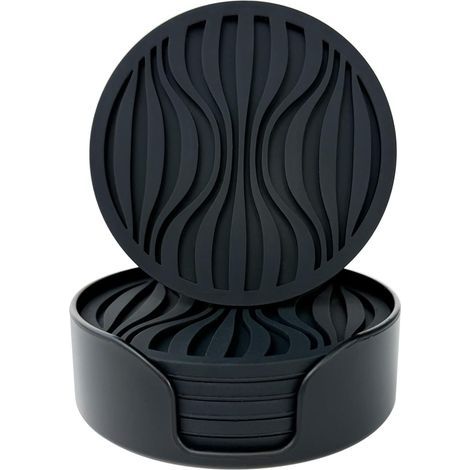 Set de 6 Dessous Verres Silicone Épais (0,5cm) - Dessous Verres Ronds, à Boissons, à Café, à Bière avec Motif Antidérapant (Noir) (1/5)