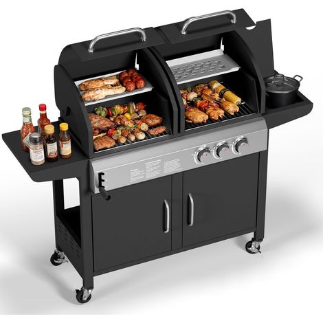 Barbecue gaz 3 brûleurs 7 kW plancha grille fonte émaillée roues (1/5)
