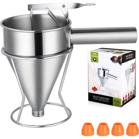 Imbuto da cucina, imbuto a pistone in acciaio inox da 600 ml, dispenser per pastella con supporto e 4 beccucci in silicone, per torte, muffin, waffle e pancake. (1/5)