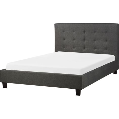 Lit Double avec Cadre 140x200 cm en Tissu Gris Foncé Tête de Lit Capitonnée Rochelle