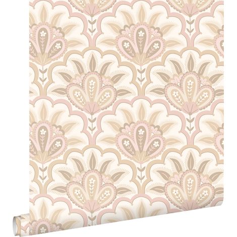 papier peint motif baroque oriental beige et rose  - ESTAhome (1/5)