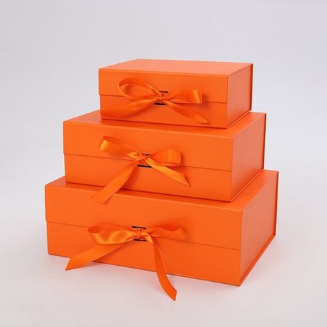 3 boîtes cadeaux pliables avec couvercles et rubans, idéales pour les mariages, les anniversaires et les fêtes, couleur orange (1/5)