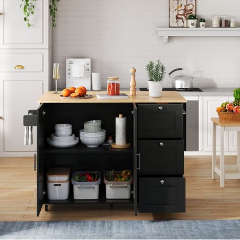 Isla de cocina móvil 135x44x90 cm de MDF negro, extensible, para cocina FloraGrace (1/5)