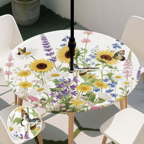 Nappe Ronde 106 cm avec Bord Élastique Trou Parasol Impermeable Anti Tache Nappe de Jardin avec Motif Tournesols et Papillons Polyester Nappes de Table pour Le Tableau 86-106 cm (1/5)
