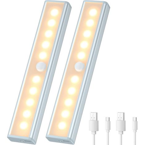 2 luces de armario con sensor de movimiento inalámbrico, recargables por USB, con tira magnética adhesiva y 10 LED para escaleras, dormitorio y armario.