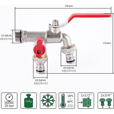Robinet de jardin extérieur à double sortie avec adaptateur pour machine à laver - Résistant à la rouille