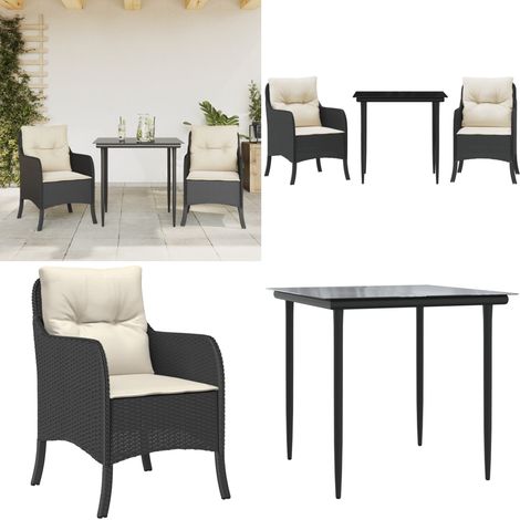 3-tlg. Garten-Essgruppe mit Kissen Schwarz Poly Rattan - Gartenstuhl - Gartentisch