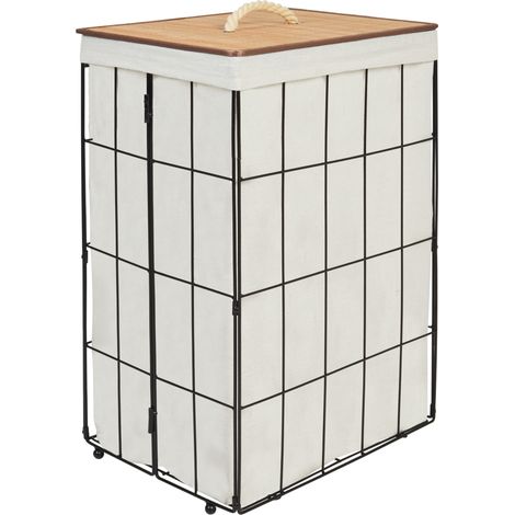 Cesta de metal moderna para ropa sucia con tapa extraíble de bambú negro y madera clara Mirissa (1/5)