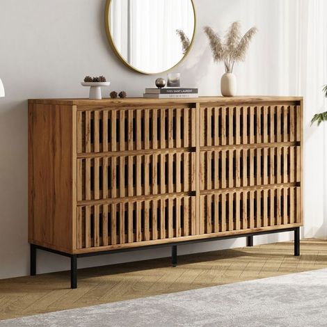 Buffet 120 x 40 x 81 cm 6 tiroirs Commode rangement intégré structure à cinq pieds format étroit aspect bois design moderne (1/5)