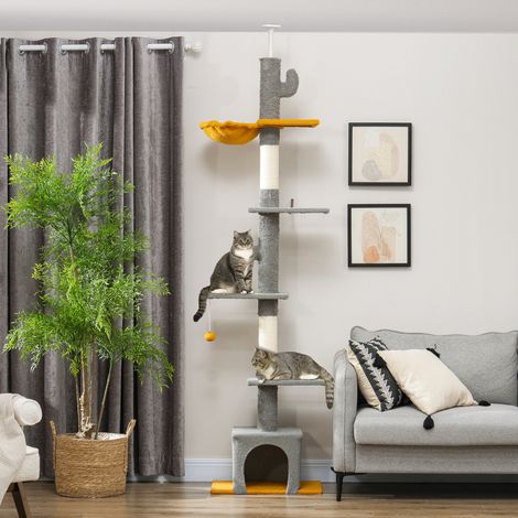 Katzenbaum, 275 cm hoch, 6 Ebenen für Wohnungskatzen, vom Boden bis zur Decke, mit Plattformen und Katzenhöhle, hellgrau