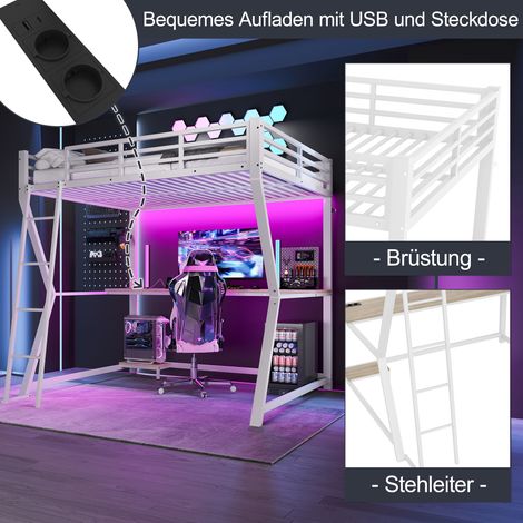 Lit minuit,140200cm,avec lumières LED,étagère console informatique,bureau,prise + USB,rampe,escalier,sans matelas,blanc