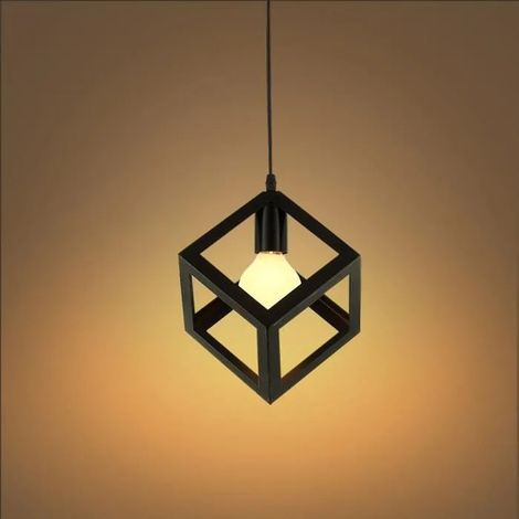 E27 Metal Suspensions Luminaire Cage Carré Retro Vintage Plafonnier Lustre éclairage Noir (1/4)