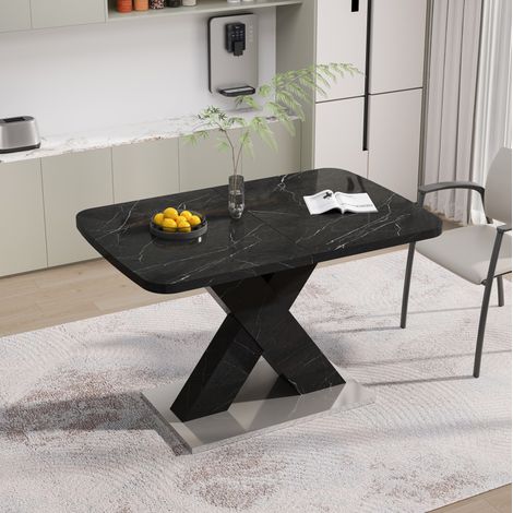 Tavolo da pranzo rettangolare allungabile 120-160 cm, piano effetto marmo nero, MDF, OKWISH (1/5)