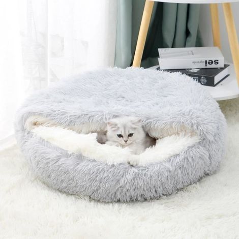 Panier Chat,Lit moelleux pour Chats et Chiens,Panier Chaud Semi-fermé pour Animaux de Compagnie,Couchage Habitat 50cm Gris (1/4)