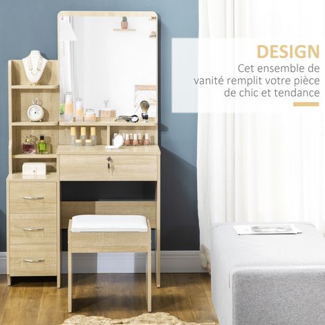 HOMCOM Coiffeuse tabouret rembourré miroir 4 tiroirs naturel (1/5)