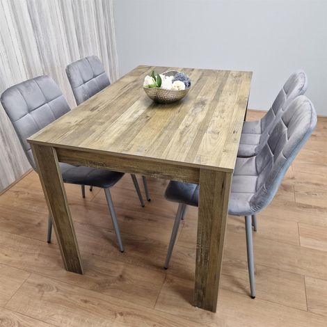 Dining Table and 4 Chairs Rustic Effect Wood Table 4 Grey Velvet Chairs Dining Room (1/5)