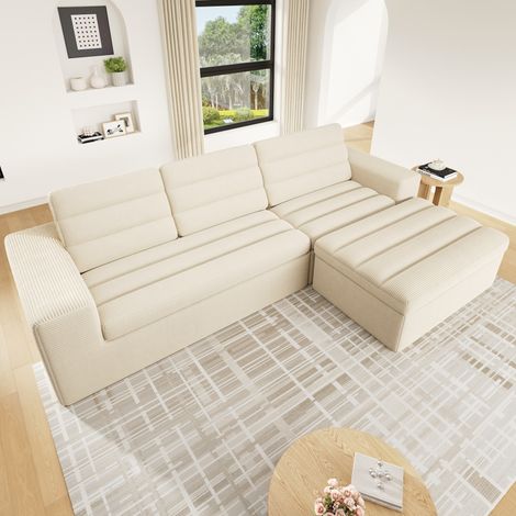Canapé d’angle modulaire 253x161x89 cm beige en velours côtelé sans cadre avec méridienne (1/5)