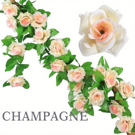 Lot de 2 guirlandes artificielles, guirlande de roses artificielles de 230 cm pour décoration murale de jardin de mariage (couleur champagne) (1/5)