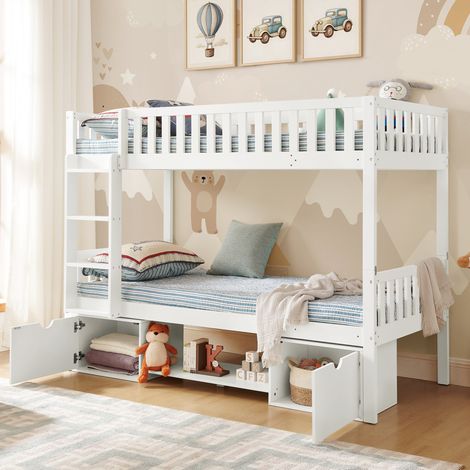 Letto a castello per bambini 90x200 cm, trasformabile in 2 letti singoli, con sponde di sicurezza, cassetti contenitori, legno massello bianco (1/5)