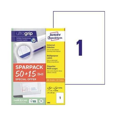 AVERY ZWECKFORM Universaletikett Avery Zweckform ultragrip SPARPACK 50 + 15 Blatt 210 x 297 mm (B x H) nichtwieder ablösbar Papier weiß 65 Etik./Pack. (1/4)