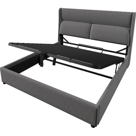Lit coffre double 140 x 200 cm gris en lin avec tête de lit réglable et sommier métallique (1/5)