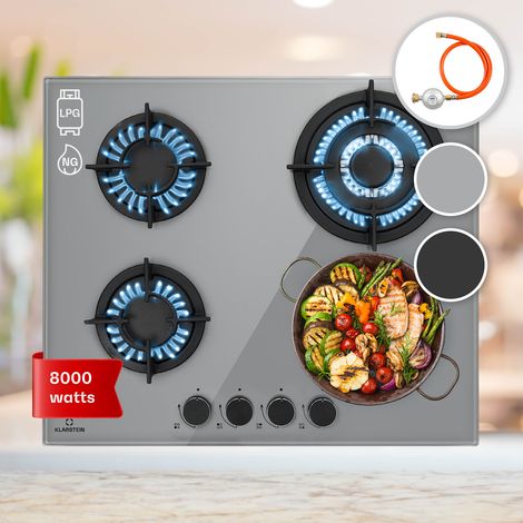 Klarstein – Plaque de cuisson à gaz 4 feux 8000W – Brûleur wok 3,4 kW – Allumage électrique – Surface en verre noir facile à nettoyer