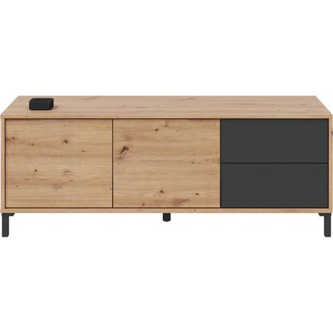 Abitare – Meuble TV 130x41x47 cm chêne nordique et gris anthracite – 2 portes et 2 tiroirs – Panneaux de mélamine – Design moderne (1/5)